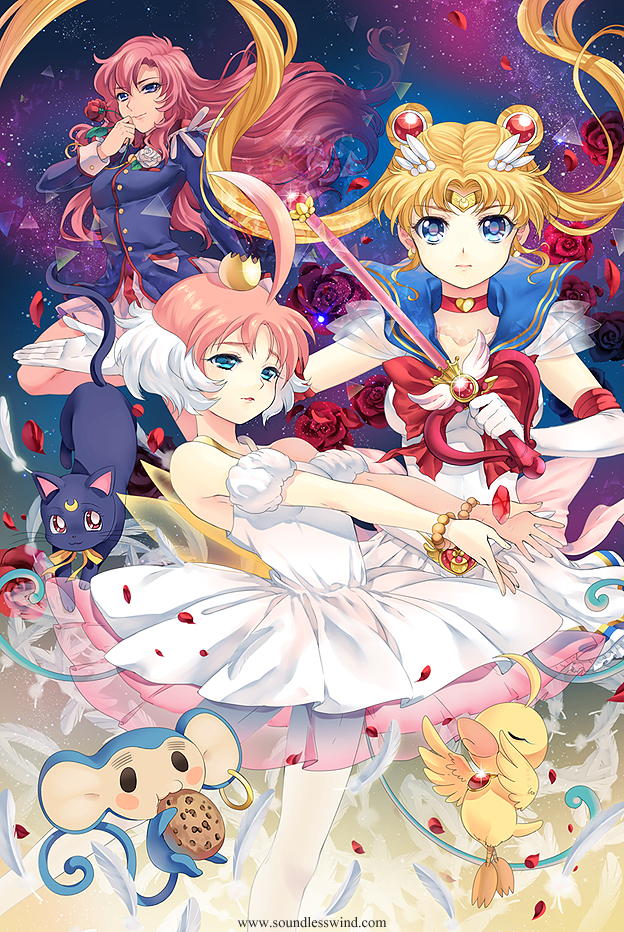 ahiru, ahiru_(duck), ahoge, bird, bishoujo_senshi_sailor_moon, blonde_hair, blue_eyes, blush, cat, character_request, choker, chu_chu, cookie, crossover, crown, double_bun, dress, dual_persona, duck, eating, elbow_gloves, epaulets, epaulettes, flower, food, gloves, hair_ornament, hairpin, kaleidomoon_scope, kaze-hime, long_hair, luna_(sailor_moon), magical_girl, mouse, multiple_girls, pink_hair, princess_tutu, princess_tutu_(character), red_rose, rod, rose, sailor_collar, sailor_moon, serious, short_hair, shoujo_kakumei_utena, stuff, super_sailor_moon, tenjou_utena, tsukino_usagi, twintails, utena, watermark, web_address, white_dress, white_gloves, white_rose