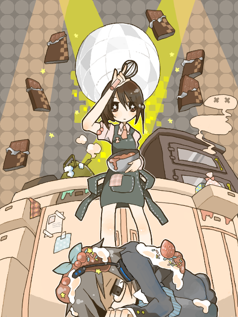 1boy, 1girl, apron, black_hair, bowl, brown_hair, chocolate, chocolate_making, cooking, couple, cream, disco_chocolat_(vocaloid), food, fruit, glasses, headphones, higashi_(azm), hiyama_kiyoteru, kaai_yuki, kettle, kitchen, oekaki, short_hair, star, strawberry, symbol-shaped_pupils, tegaki, valentine, vocaloid, whisk