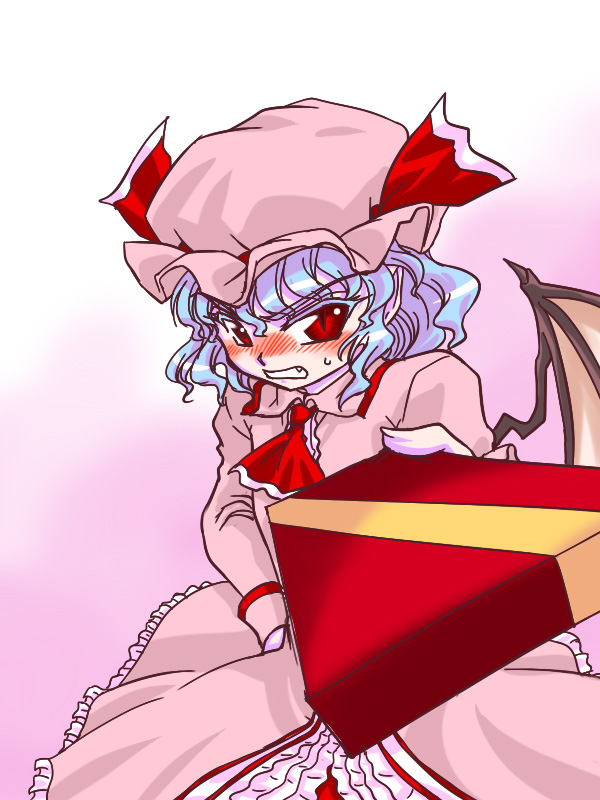 ascot, bat_wings, blue_hair, blush, bow, dress, embarrassed, fang, gift, hat, kisaragi_ryou_(sougetsu-tei), kisaragiya, open_mouth, red_eyes, remilia_scarlet, short_hair, slit_pupils, solo, touhou, tsundere, valentine, wings