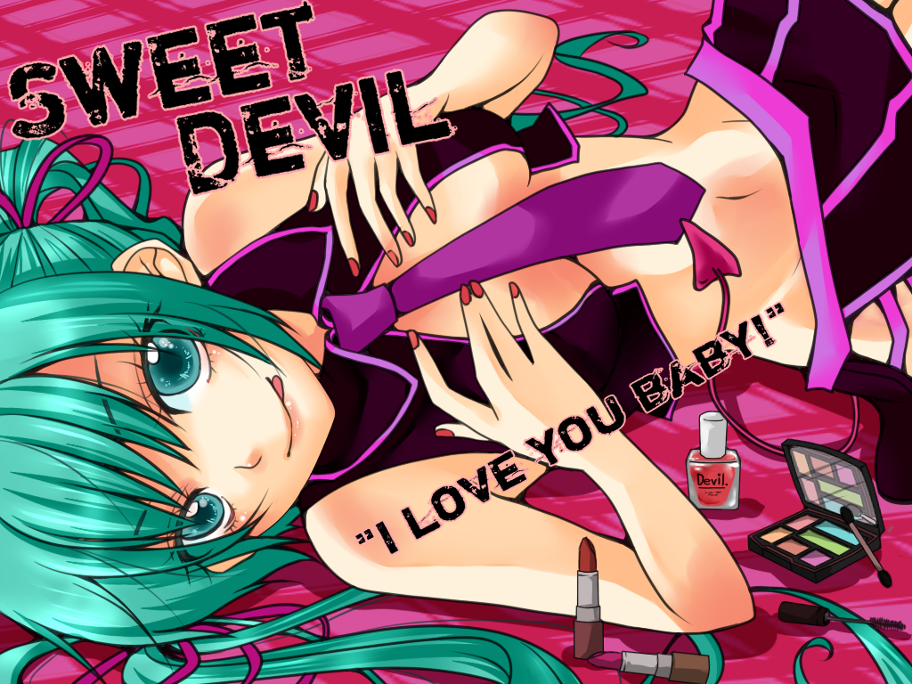 demon_tail, green_eyes, green_hair, hatsune_miku, lipstick, long_hair, makeup, midriff, nail_polish, nail_polish_bottle, navel, necktie, skirt, sweet_devil_(vocaloid), tail, tongue, vocaloid, youto_kakeru