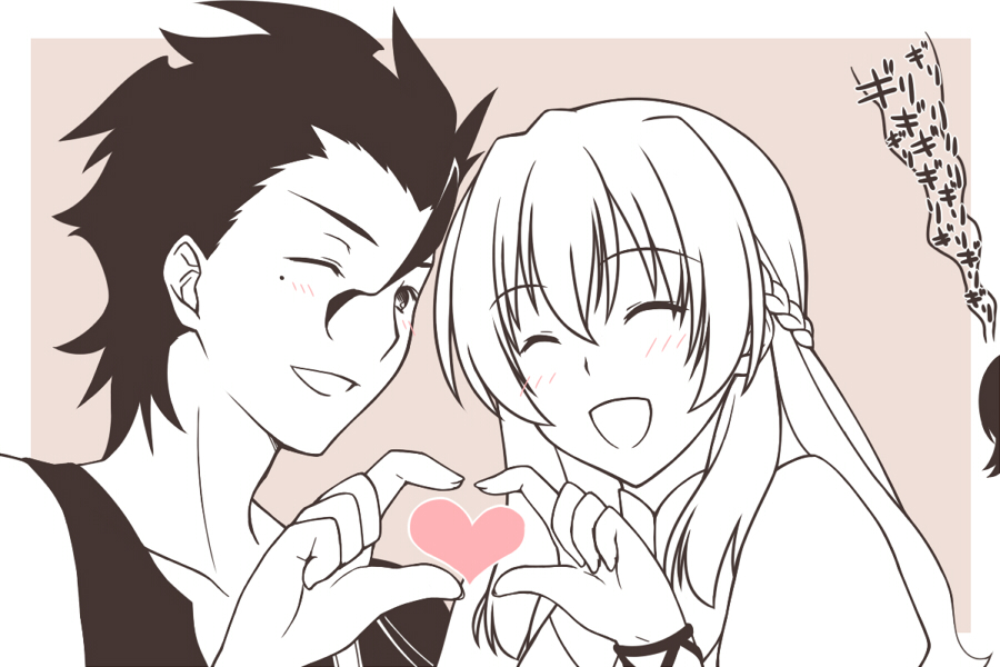 1girl, ^_^, ahoge, blush, braid, closed_eyes, couple, dress