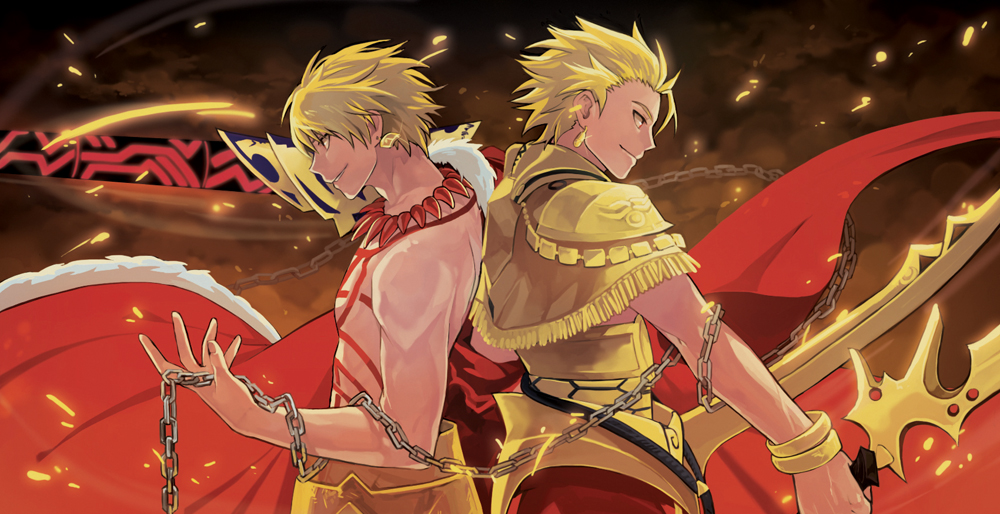 archer, archer_(fate/prototype), back-to-back, bare_chested, blonde_hair, cape, capelet, chain, chains, dual_persona, dual_wielding, ea_(fate/stay_night), earrings, fate/hollow_ataraxia, fate/prototype, fate/stay_night, fate_(series), gilgamesh, jewelry, male, multiple_boys, necklace, red_eyes, shirtless, shokill, sword, tattoo, type-moon, weapon