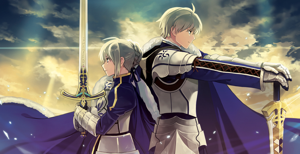 1girl, ahoge, armor, armored_dress, back-to-back, blond_hair, blonde_hair, calibur