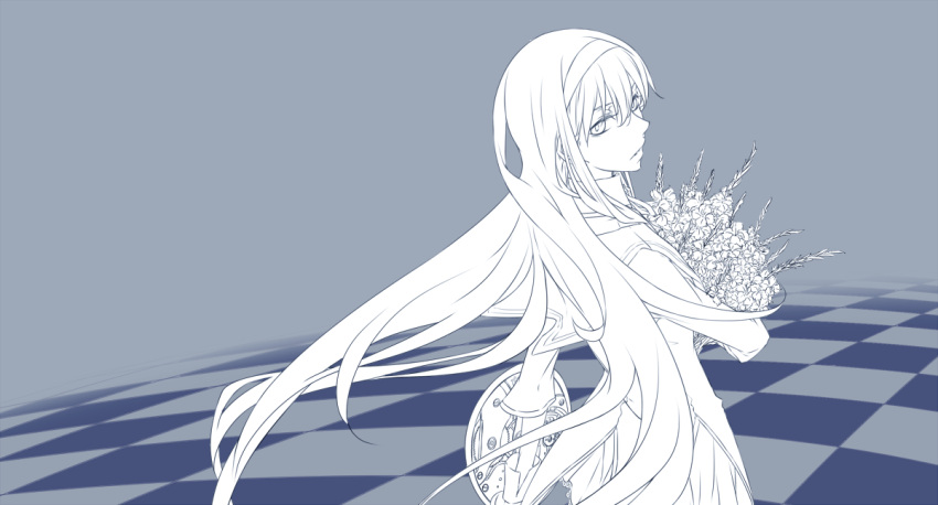 akemi_homura, bouquet, checkered, checkered_floor, enseisong, flower, from_behind, hairband