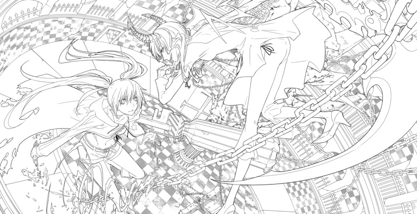 arm_cannon, black_rock_shooter, black_rock_shooter_(character), chain, chains, checkered, checkered_floor, dead_master