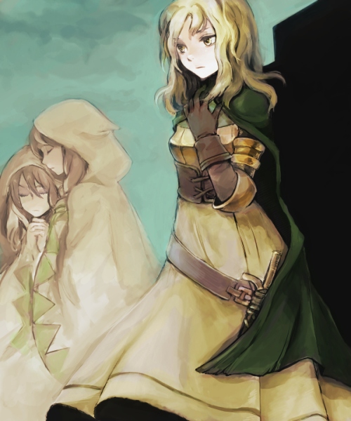 armlet, blonde_hair, brown_hair, cape, cloak, closed_eyes, dagger, dress, eyes_closed, final_fantasy, final_fantasy_tactics, gloves, hand_on_own_chest, kno_(anahita), milleuda_folles, miluda_folles, multiple_girls, praying, wavy_hair, wavy_mouth, weapon, white_mage, white_mage_(fft), yellow_eyes