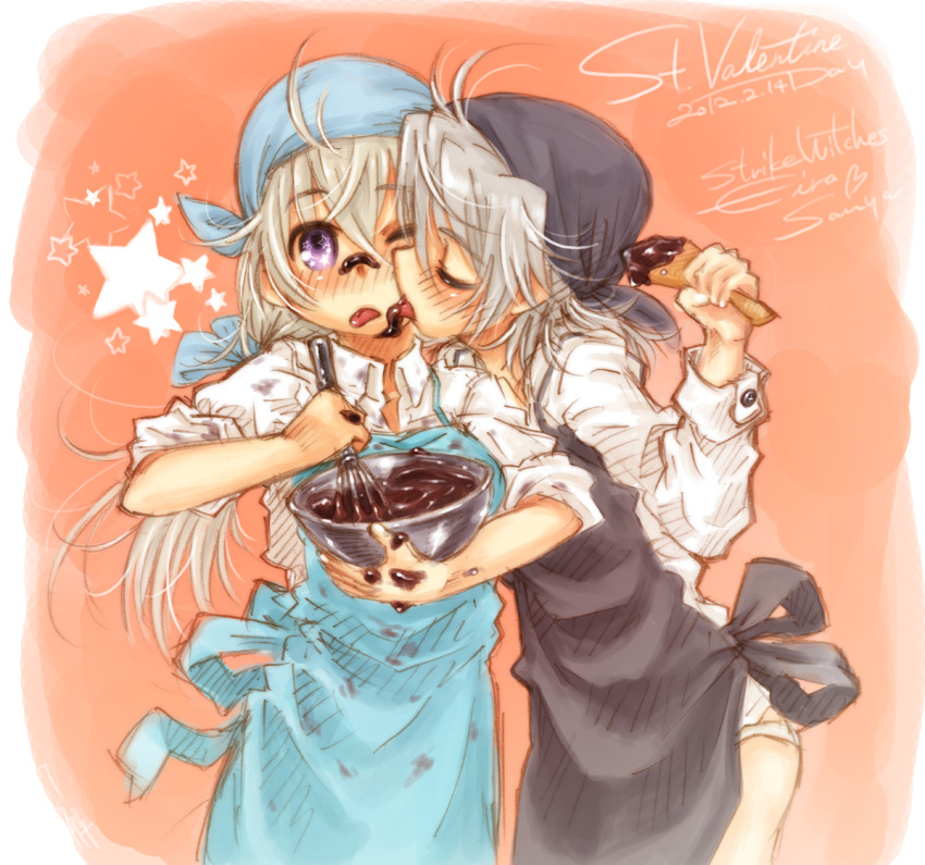apron, blue_eyes, blush, bowl, character_name, cheek_licking, chocolate, chocolate_making