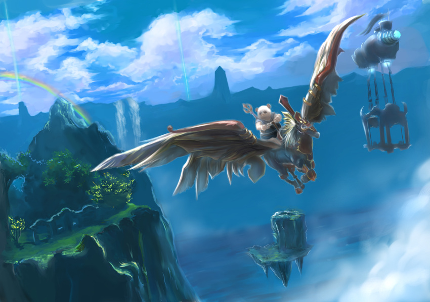cloud, kouzukirio, pegasus, popori, rainbow, scenery, staff, tera_online, the_exiled_realm_of_arborea_(tera), tree, water, waterfall, wings