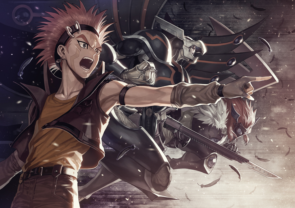 armpits, battle, belt, blackwing_armed_wing, blackwing_armor_master, clenched_hand, crow_hogan, duel_monster, earrings, feathers, fist, gloves, headband, jewelry, male, open_mouth, orange_hair, pointing, sleeveless, sleeveless_shirt, spiked_hair, spiky_hair, tattoo, vest, weapon, yna, yu-gi-oh!, yuu-gi-ou, yuu-gi-ou_5d's, yuu-gi-ou_5d's