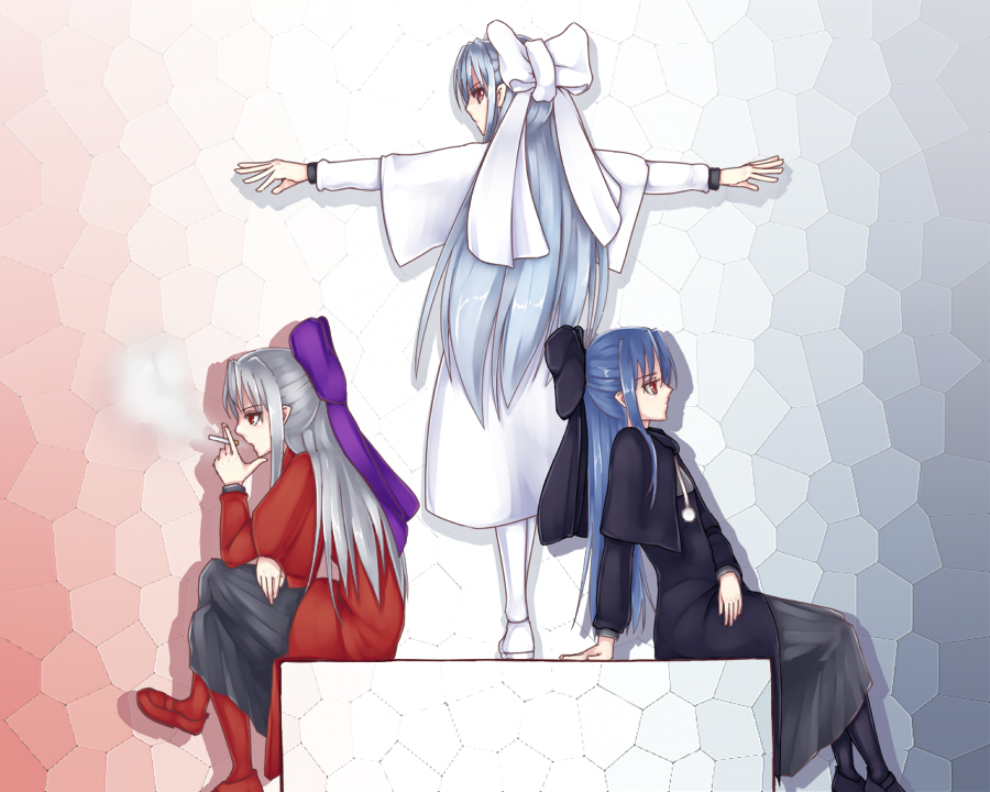 cigarette, doctor_east, len, m.u.g.e.n, melty_blood, pointy_ears, red_eyes, red_len, smoking, thigh-highs, thighhighs, tsukihime, white_hair, white_len
