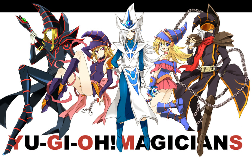2girls, 3boys, 3girls, blonde_hair, chain, chains, dark_magician, dark_magician_girl, duel_monster, gagaga_girl, gagaga_magician, hand_in_pocket, hat, multiple_boys, multiple_girls, nb, shoulder_pads, silent_magician, silver_hair, staff, witch_hat, wizard_hat, yu-gi-oh!, yuu-gi-ou, yuu-gi-ou_duel_monsters, yuu-gi-ou_zexal