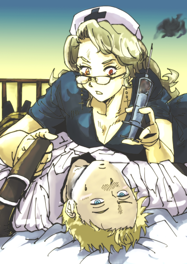 bespectacled, blonde_hair, blue_eyes, couple, cross_earrings, dorohedoro, glasses, glasses_switch