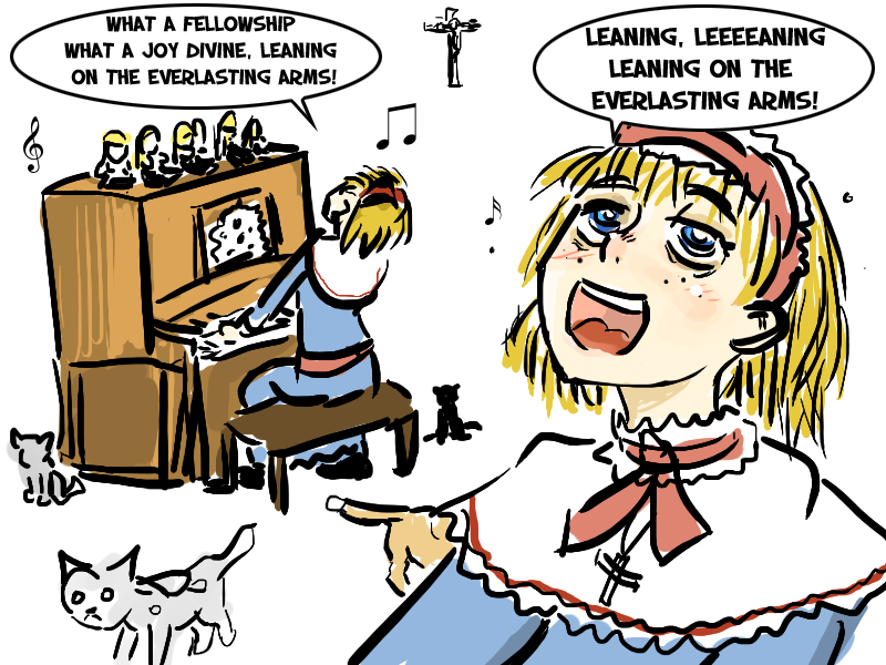 alice_margatroid, blonde_hair, blue_eyes, cat, commentary, cross, crucifix, doll, drsunshine, face, freckles, instrument, piano, singing, touhou