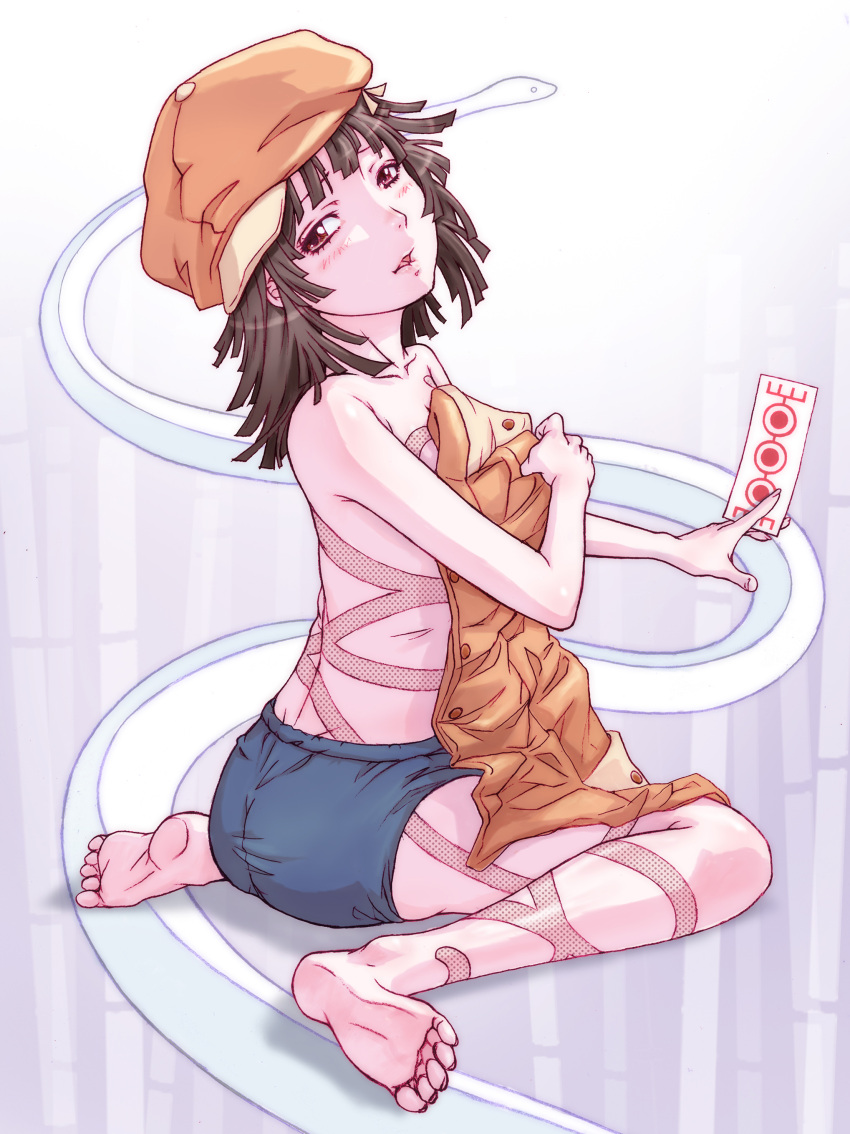 absurdres, bakemonogatari, barefoot, black_hair, blush, brown_eyes, buruma, cabbie_hat, feet, hat, highres, long_hair, monogatari_(series), ofuda, open_mouth, sengoku_nadeko, shirtless, short_hair, sitting, snake, snake_trails, soles, solo, topless, wariza, yoshikawa_kazunori