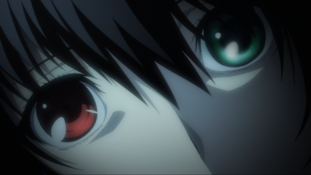 animated, animated_gif, another, black_hair, blinking, green_eyes, heterochromia, misaki_mei, mismatched_eyes, no_eyepatch, red_eyes, solo