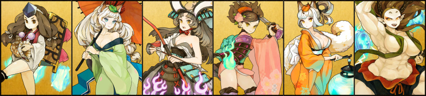 abs, absurdres, animal_ears, armor, arrow, black_hair, blue_eyes, bow_(weapon), breasts, brown_hair, cleavage, collarbone, column_lineup, conch, electricity, eyeshadow, flower, fox_ears, fox_tail, hagoromo, hair_comb, hair_flower, hair_ornament, hair_ribbon, hat, helmet, highres, hikimayu, hitodama, horns, huge_breasts, japanese_clothes, kaworu, kimono, kongiku, large_breasts, leaf, leaf_on_head, long_hair, makeup, momohime, multiple_girls, muscle, nail_polish, oboro_muramasa, off_shoulder, open_mouth, oriental_umbrella, paper, pointy_ears, raijin_(oboro_muramasa), ribbon, samurai_armor, sayo, shawl, tail, thigh-highs, thighhighs, tokin_hat, topless, torahime, twintails, umbrella, very_long_hair, weapon, white_hair, yellow_eyes, yuzuruha