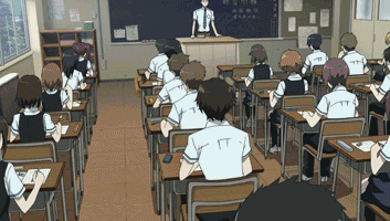 1girl, :d, animated, animated_gif, another, classroom, dancing, eyepatch