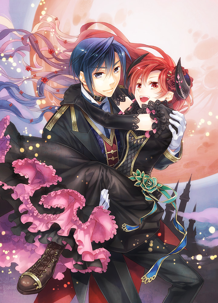 1girl, ashi, blue_eyes, blue_hair, boots, carrying, couple, dress