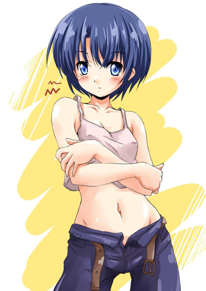 belt, blue_eyes, blue_hair, crossed_arms, highres, midriff, navel, nekogoro