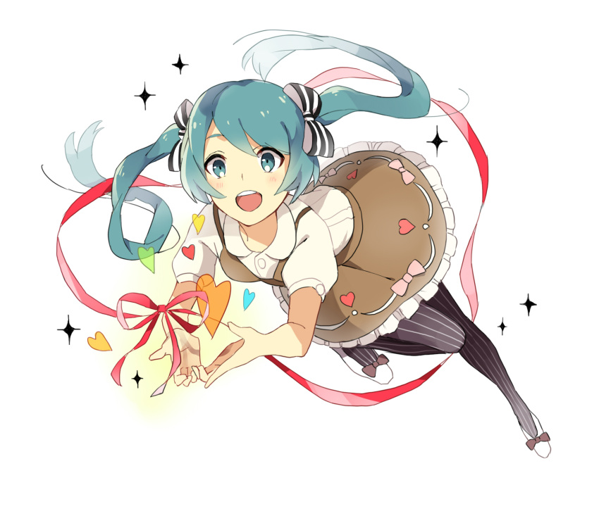 aqua_eyes, aqua_hair, dress, hair_ribbon, hatsune_miku, heart, highres, long_hair, maitti, open_mouth, pantyhose, ribbon, simple_background, solo, twintails, vertical-striped_legwear, vertical_stripes, vocaloid, white_background