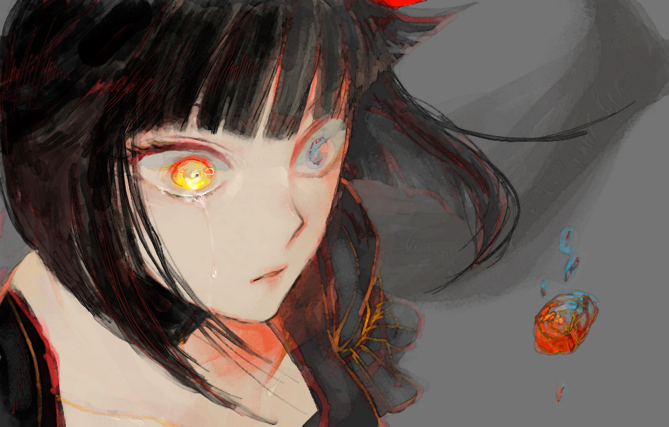 black_hair, blue_eyes, crystal, dark_precure, grey_background, heartcatch_precure!, heterochromia, honey92