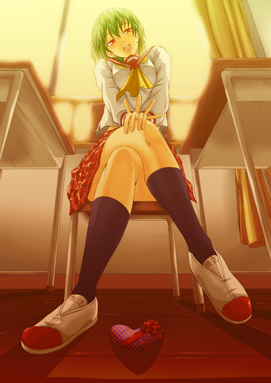 alternate_costume, ascot, chair, classroom, commentary, commentary_request, crossed_legs, desk, floor, green_hair, heart, highres, kazami_yuuka, legs_crossed, open_mouth, red_eyes, school_uniform, shiba_meiji, shirt, shoes, short_hair, sitting, skirt, smile, solo, teeth, touhou, uwabaki, valentine, window, youkai