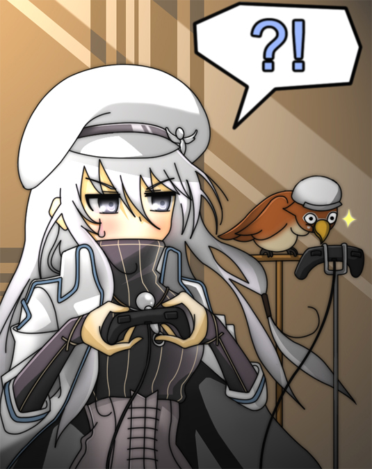 1girl, artist_request, bird, blush, breasts, coat, corset, eisenwane