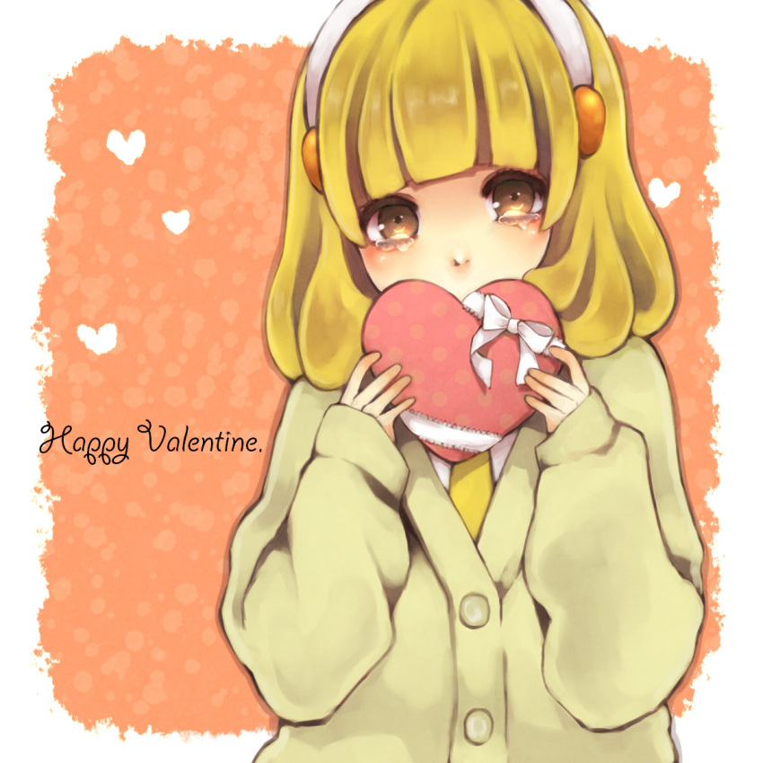 blonde_hair, brown_eyes, bust, cardigan, hairband, happy_valentine, heart, highres