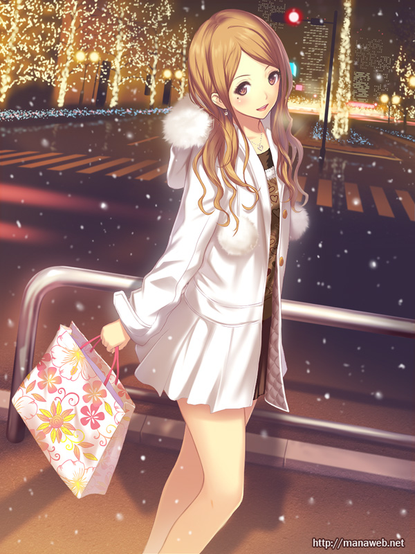 bag, bare_legs, brown_eyes, brown_hair, crosswalk, dress, floral_print, fur_trim