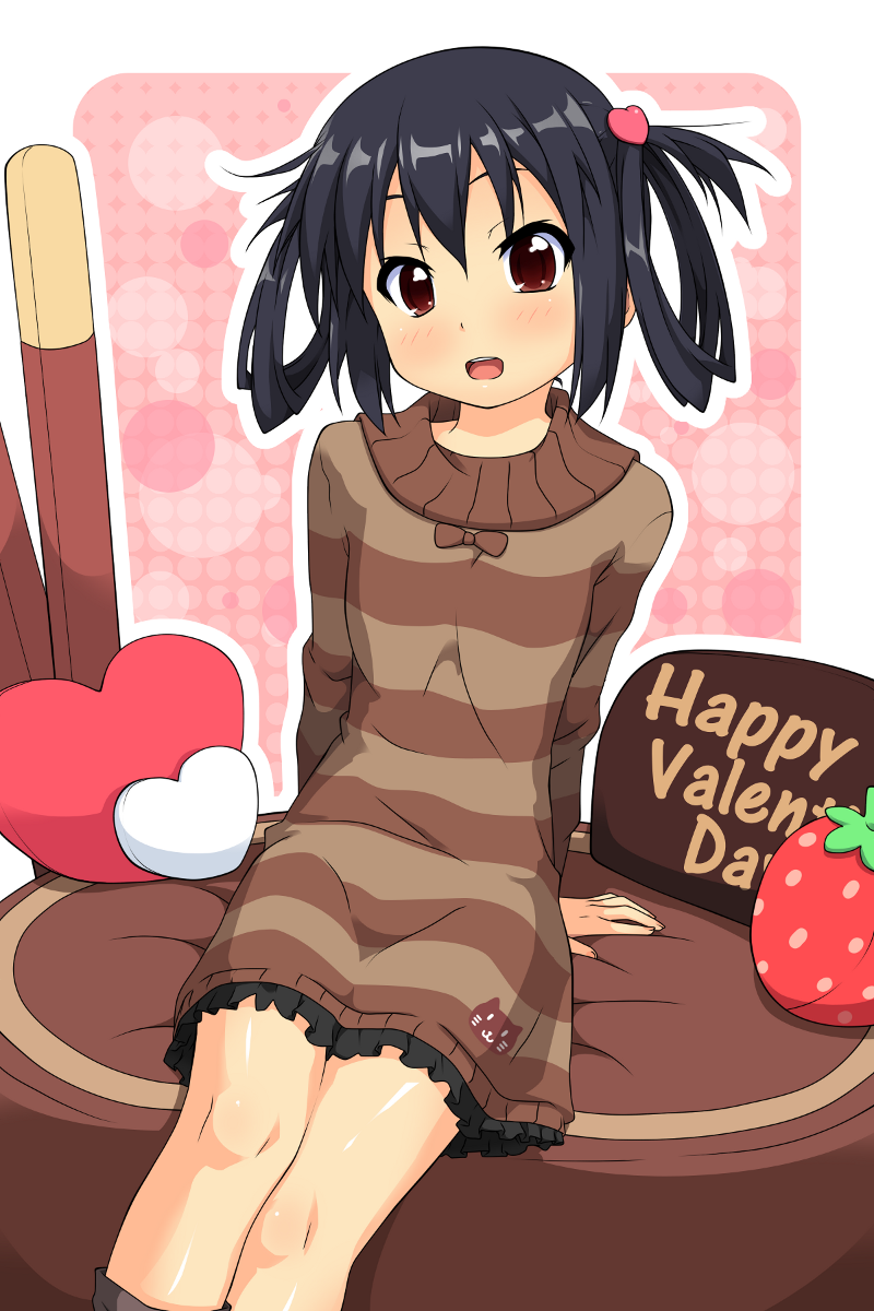 alternate_costume, alternate_hairstyle, black_hair, blush, brown_dress, brown_eye, brown_eyes, chocolate, dress, food, fruit, hair_rings, happy_valentine, heart, highres, k-on!, k10k, long_hair, nakano_azusa, open_mouth, sitting, solo, strawberry, twintails, valentine