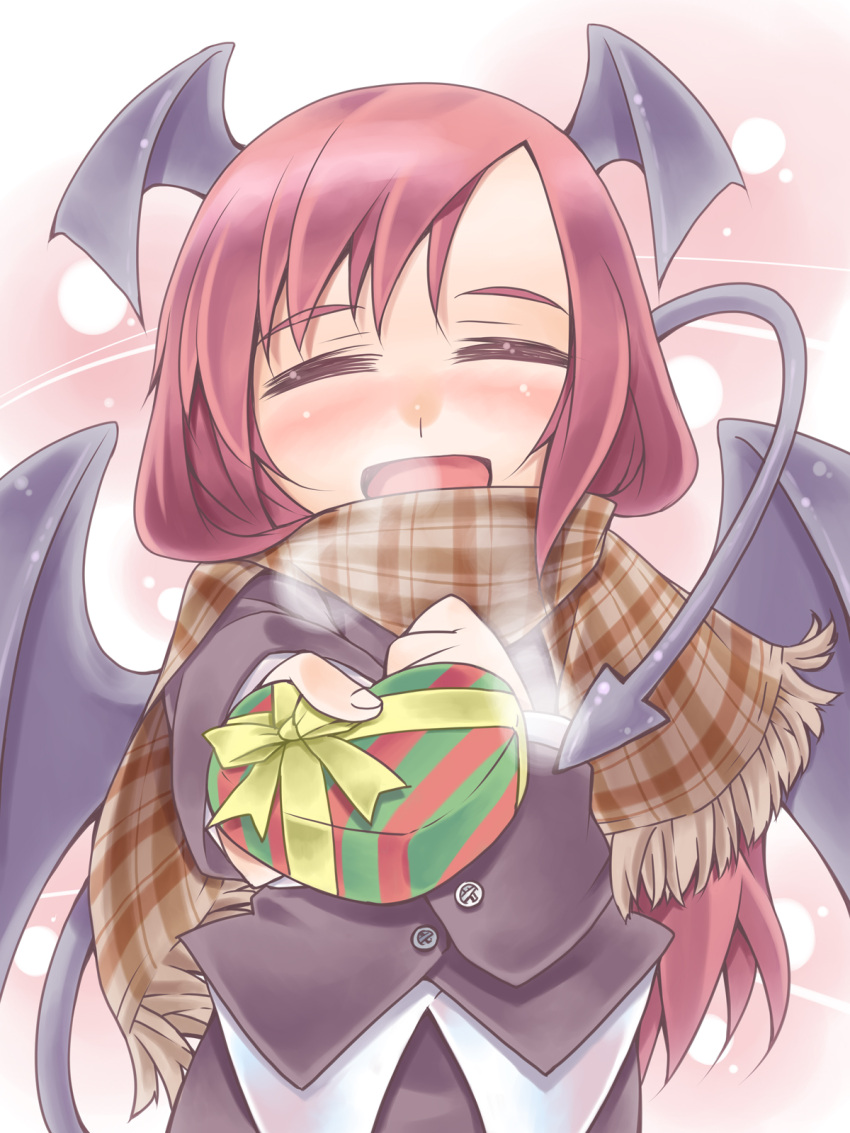 bat_wings, blush, closed_eyes, demon_tail, demon_wings, gift, head_wings, heart