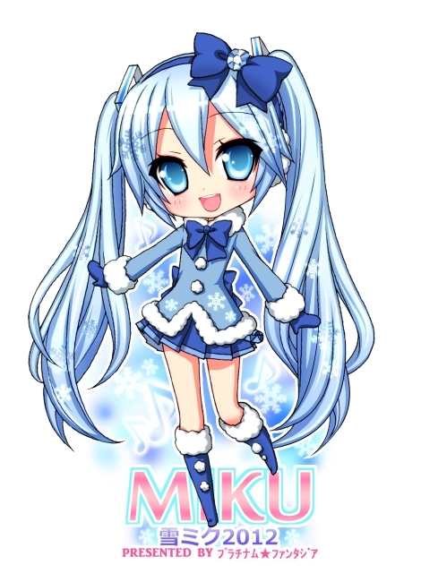 2012, blue_eyes, blue_hair, blush, boots, bow, character_name, chibi