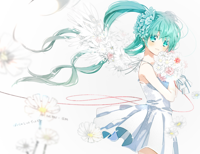 aqua_eyes, aqua_hair, bouquet, dress, floating_hair, flower, gomas, hair_flower