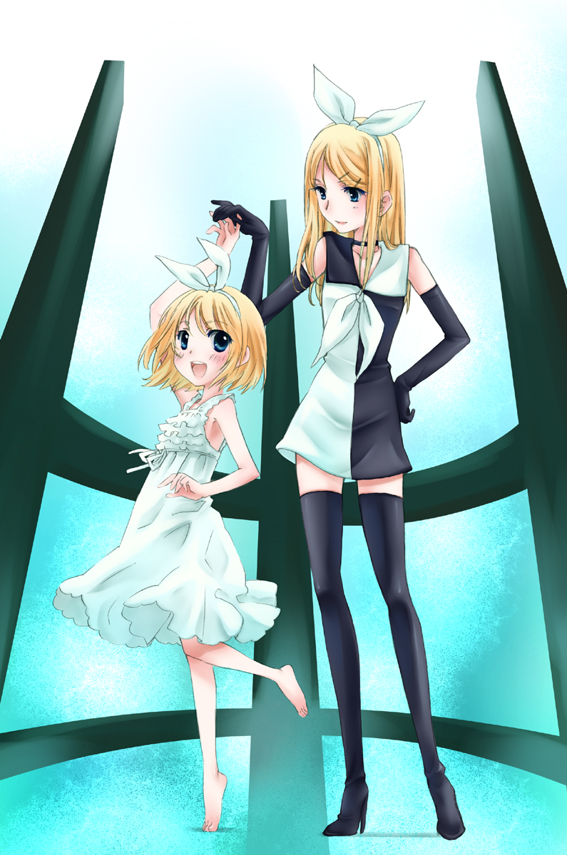 barefoot, blonde_hair, boots, child, dancing, dress, dual_persona, elbow_gloves
