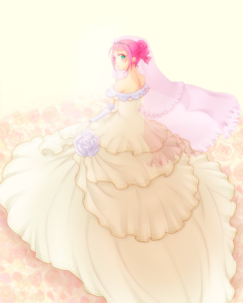 alternate_costume, alternate_hairstyle, bare_shoulders, braid, chelsea_torn, dress, floral_background, flower