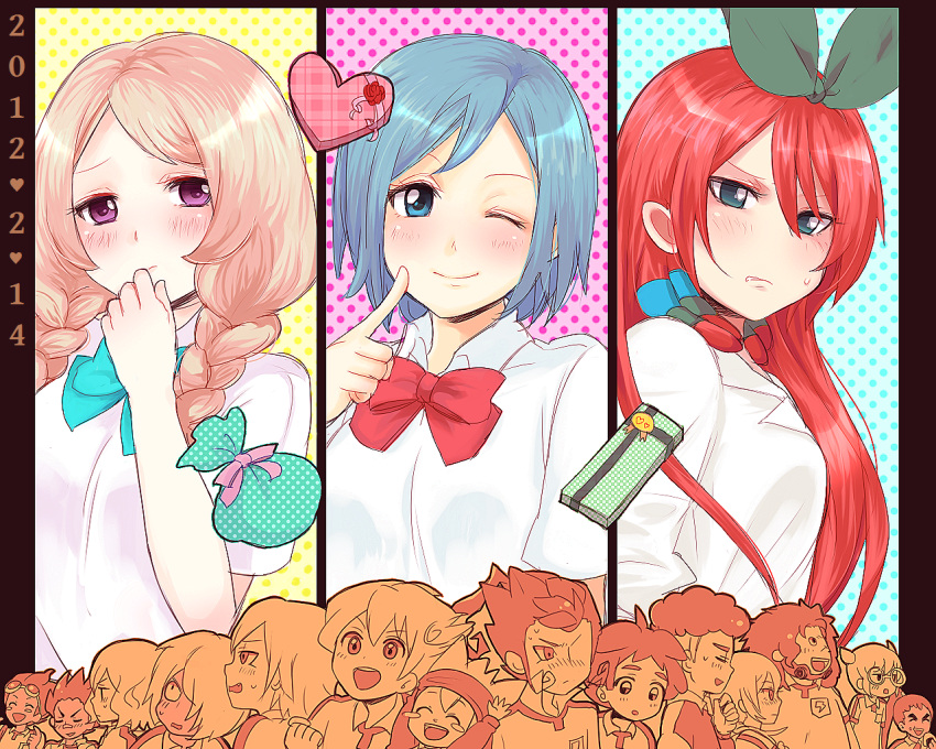 6+boys, amagi_daichi, blue_eyes, blue_hair, blush, braid, brown_hair, green_eyes, hair_ribbon, hamano_kaiji, hayami_tsurumasa, hira, inazuma_eleven, inazuma_eleven_(series), inazuma_eleven_go, kageyama_hikaru, kariya_masaki, kirino_ranmaru, kurama_norihito, kurumada_gouichi, long_hair, matsukaze_tenma, multiple_boys, multiple_girls, nishiki_ryouma, nishizono_shinsuke, purple_eyes, ribbon, sangoku_taichi, seto_midori, shindou_takuto, short_hair, smile, sorano_aoi, tsurugi_kyousuke, twin_braids, valentine, violet_eyes, yamana_akane
