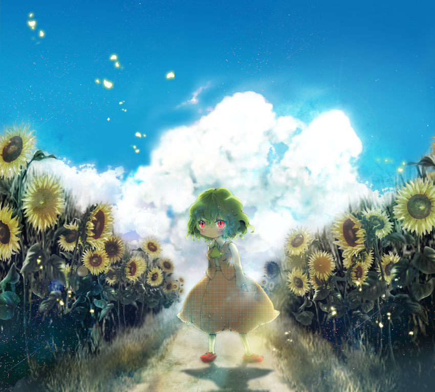 ascot, blouse, blush, cloud, flower, flower_field, green_hair, highres
