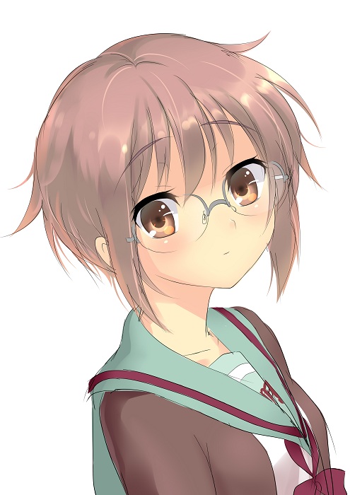 brown_eyes, cardigan, dai_(uhyoko1102151), glasses, grey_hair, nagato_yuki, school_uniform, serafuku