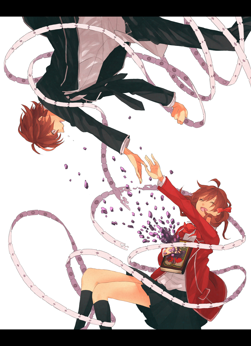 1girl, black_legwear, book, bow, brown_hair, closed_eyes, crystal, eyes_closed