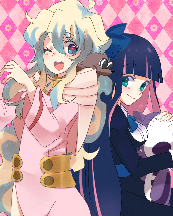 argyle, argyle_background, black_dress, boota, bow, company_connection, creator_connection, crossover