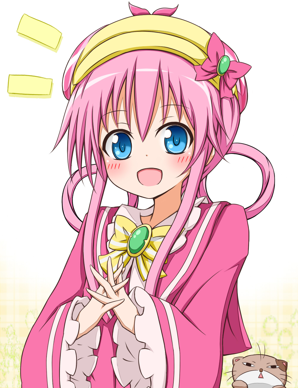 blue_eyes, blush, bow, brooch, cat, dress, hair_rings, hands_clasped