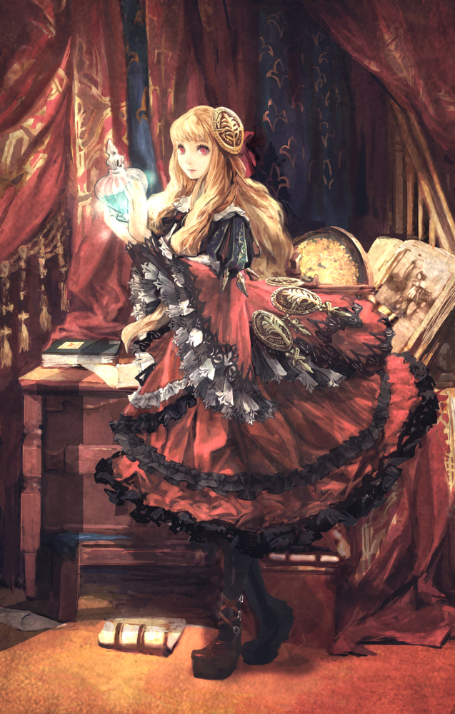 blonde_hair, border, dress, long_hair, original, red_eyes, revision, solo, watanabe_minoru