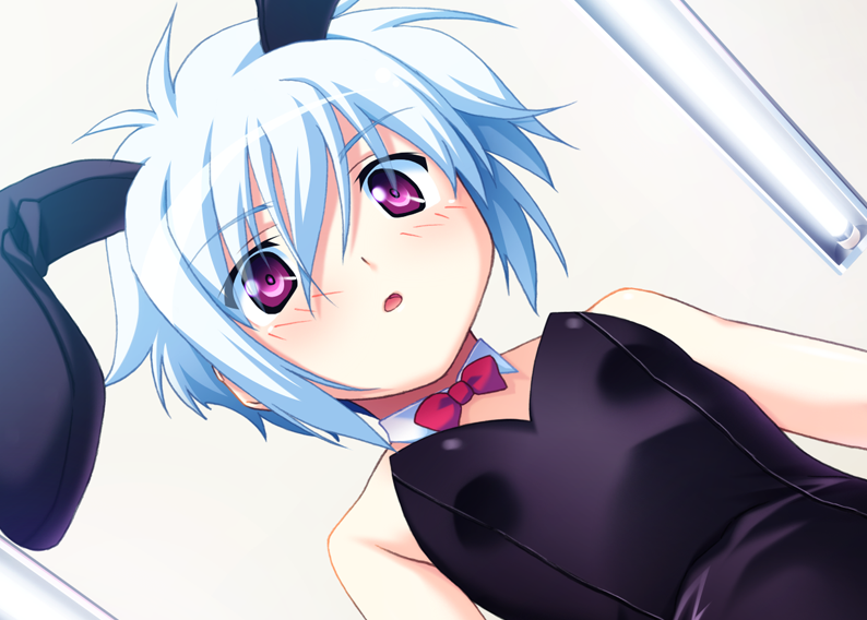 :o, animal_ears, artist_request, blue_hair, blush, bow, bunny_ears, bunnysuit