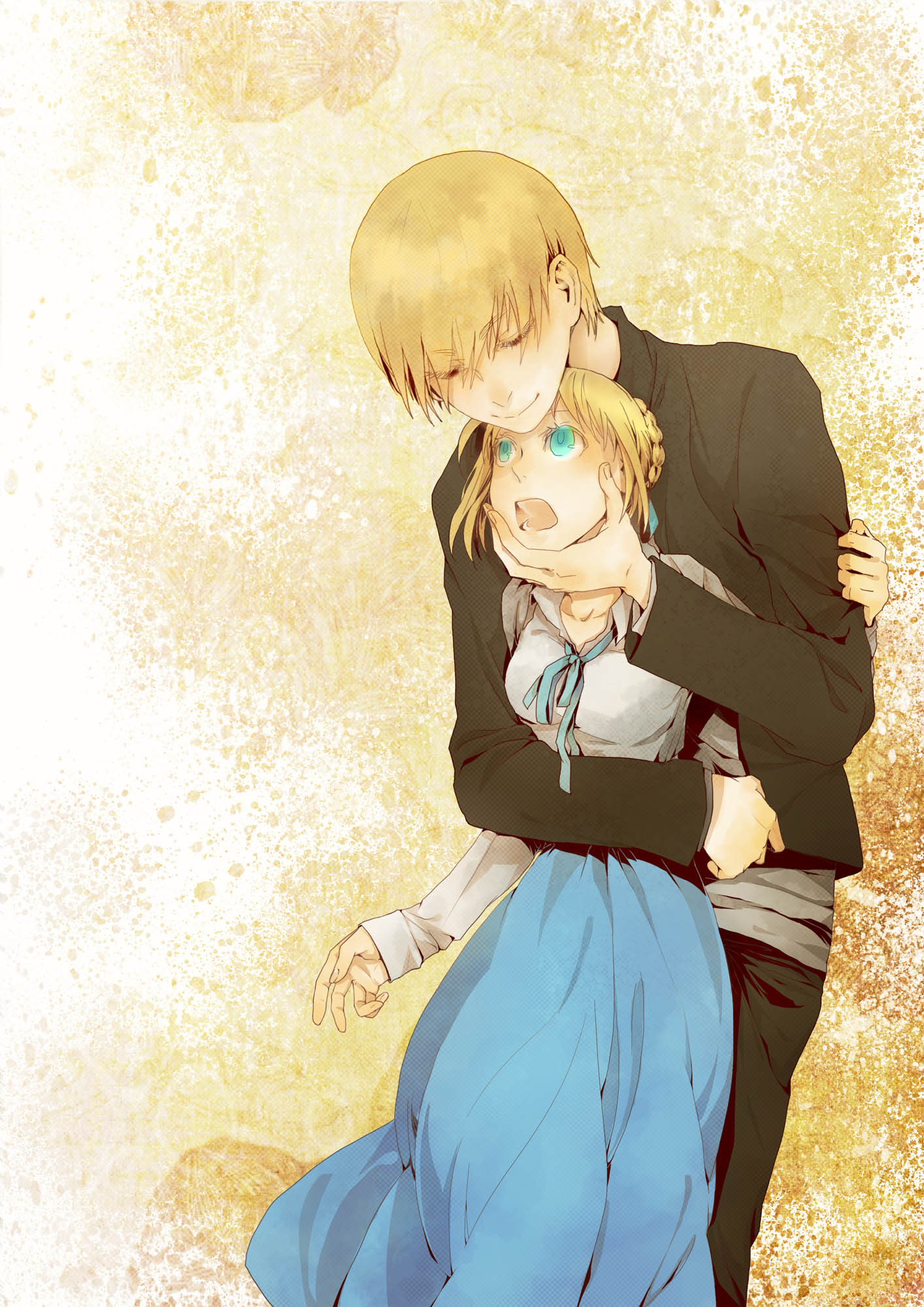 1girl, ahoge, black_jacket, blonde_hair, blue_eyes, casual, colored_eyelashes, face_hold