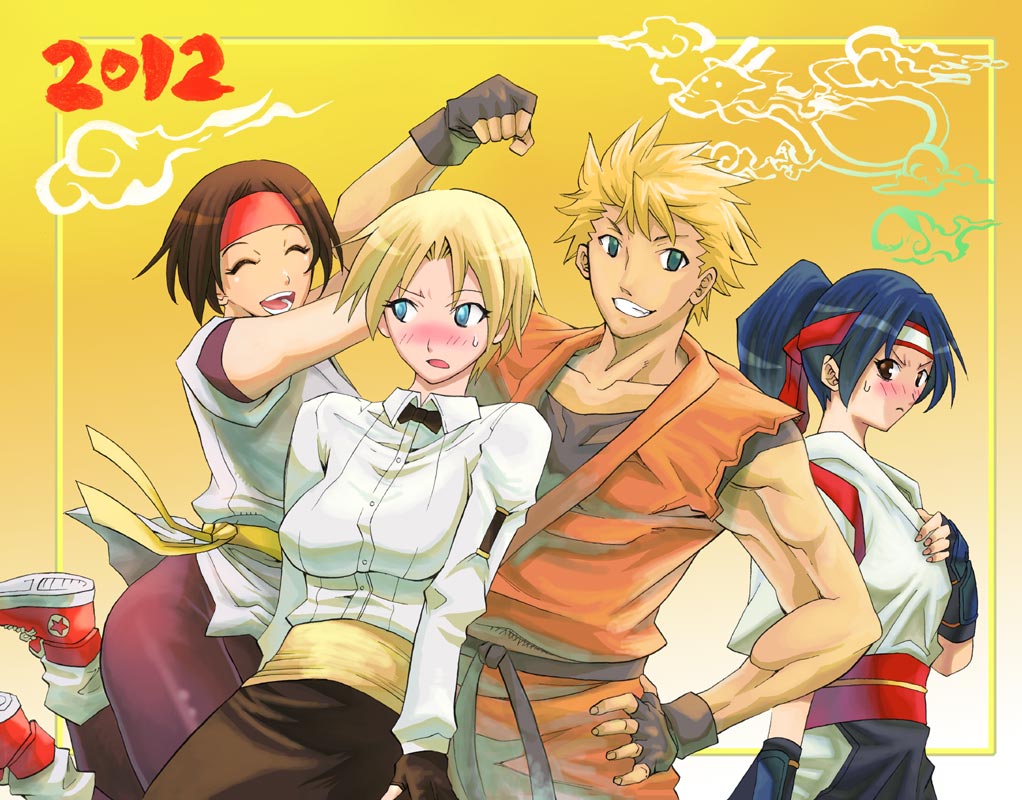2012, 3girls, ^_^, blonde_hair, blue_eyes, blue_hair, blush, breasts, brother_and_sister, closed_eyes, converse, couple, dougi, dragon, dress_shirt, eyes_closed, fatal_fury, fingerless_gloves, gloves, headband, king_(snk), king_of_fighters, large_breasts, long_hair, multiple_girls, muscle, ponytail, ryou_sakazaki, ryuuko_no_ken, sakazaki_ryo, sakazaki_yuri, sash, saturn-freak, shirt, shoes, siblings, sneakers, snk, spandex, toudou_kasumi, yuri_sakazaki