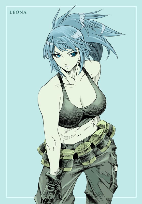 bandolier, bare_shoulders, blue_eyes, blue_hair, breasts, cargo_pants, cleavage, crop_top
