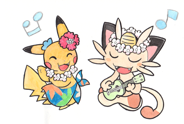clothed_pokemon, dancing, fangs, flower, grin, hair_flower, hair_ornament, hula, instrument, lei, meowth, musical_note, no_humans, oda_takashi, open_mouth, pikachu, pokemon, pokemon_(anime), pokemon_(creature), sarong, sitting, smile, ukulele, white_background