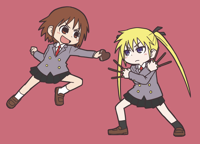 ?namu, blonde_hair, brown_eyes, brown_hair, chocolate, kill_me_baby, long_hair, multiple_girls