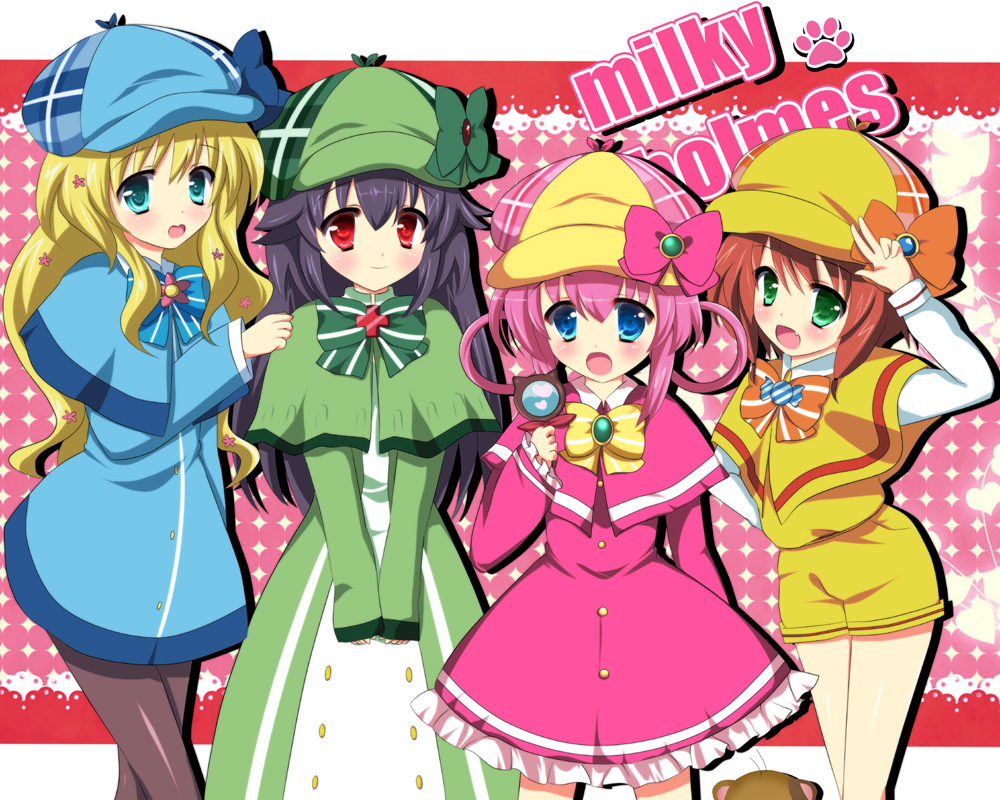bad_id, blonde_hair, blush, bow, brown_hair, cordelia_glauca, dress, hat, hercule_barton, magnifying_glass, magnifying_lens, multiple_girls, pantyhose, pink_hair, rika-tan_(artist), sherlock_shellingford, tantei_opera_milky_holmes, yuzurizaki_nero