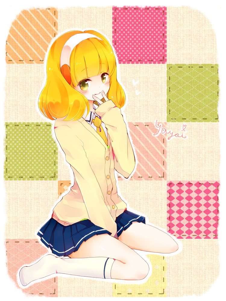 blonde_hair, cardigan, hairband, kise_yayoi, kneehighs, long_hair, precure, riku_manoue, school_uniform, short_hair, sitting, skirt, smile_precure!, solo, wariza, yellow_eyes